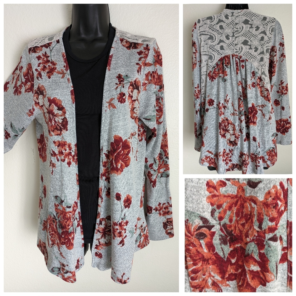 VANITY Open Front Floral Lace Back Long Sleeve Tunic Top Gray Red Sz L EUC.